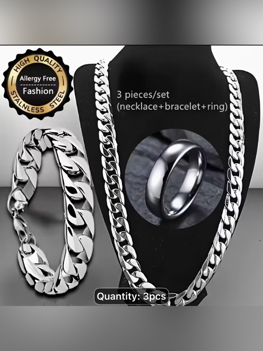 Stainless Steel 3-Piece Jewelry Set - Silver Necklace Bracelet Ring